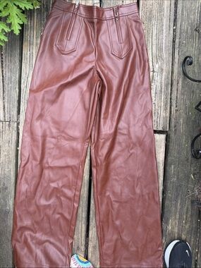 Brown Faux Leather Wide Leg Pants